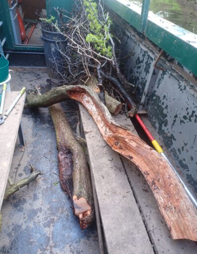 Collection of wood and debris on a canal boat